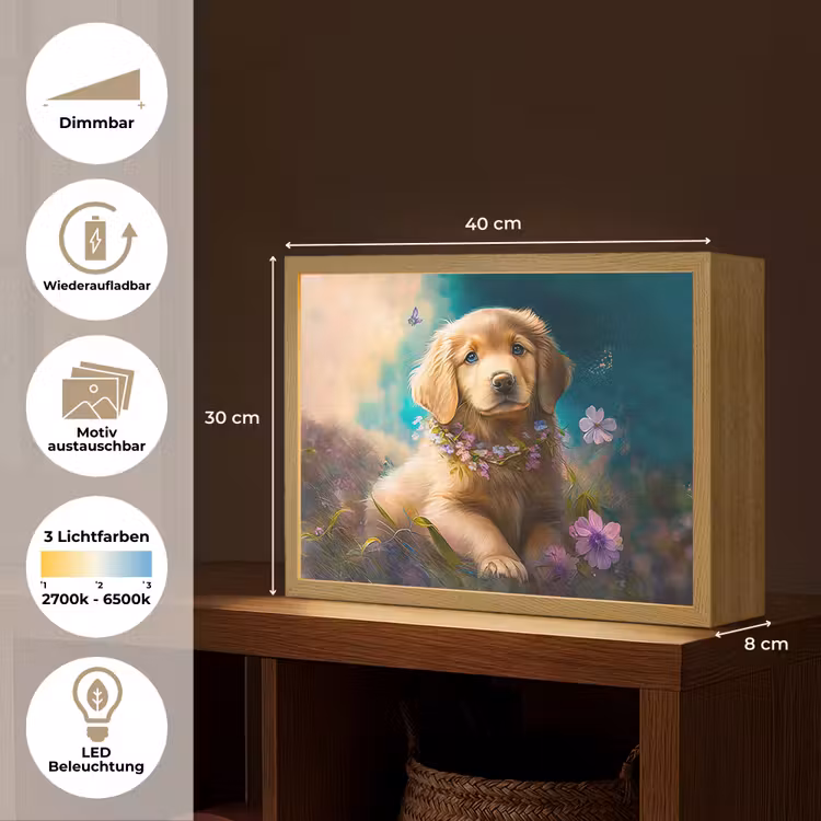 Puppy - Bloemenkrans - Vlinder - Hond - Golden retriever Light Box met batterij (Wandlamp kind) middel -USP_websiteoverzichtDE