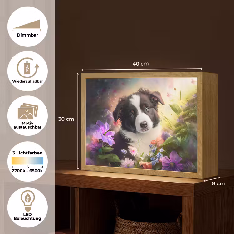 Puppy - Zon - Bloemen - Natuur - Bordercollie - Hond Light Box met batterij (Wandlamp kind) middel -USP_websiteoverzichtDE