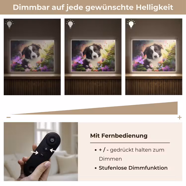 Puppy - Zon - Bloemen - Natuur - Bordercollie - Hond Light Box met batterij (Wandlamp kind) middel -USP_dimbaarDE