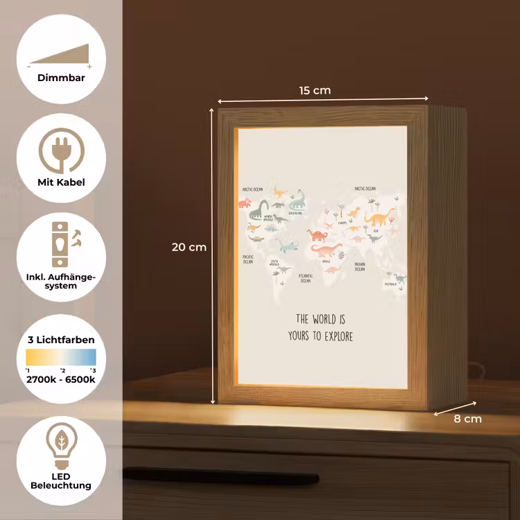 Wereldkaart - Dino - Kinderen - Dinosaurus Light Box met kabel (Wandlamp kind) klein -USP_overzichtDE