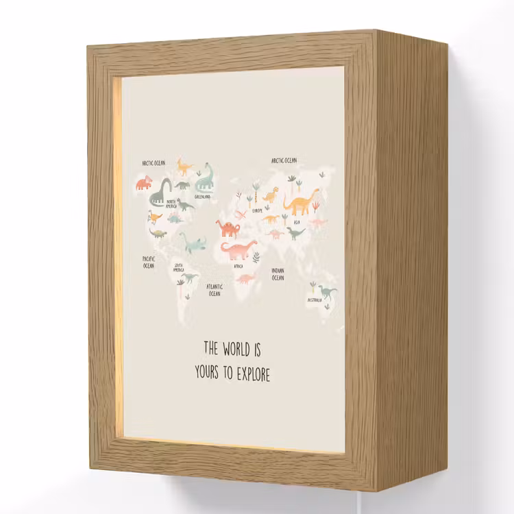 Wereldkaart - Kinderen - Jongens - Dino - Quote Light Box met kabel (Wandlamp kind) klein -3d