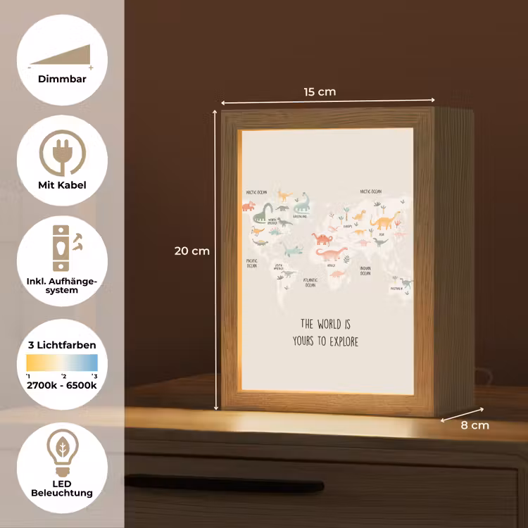 Wereldkaart - Kinderen - Jongens - Dino - Quote Light Box met kabel (Wandlamp kind) klein -USP_overzichtDE