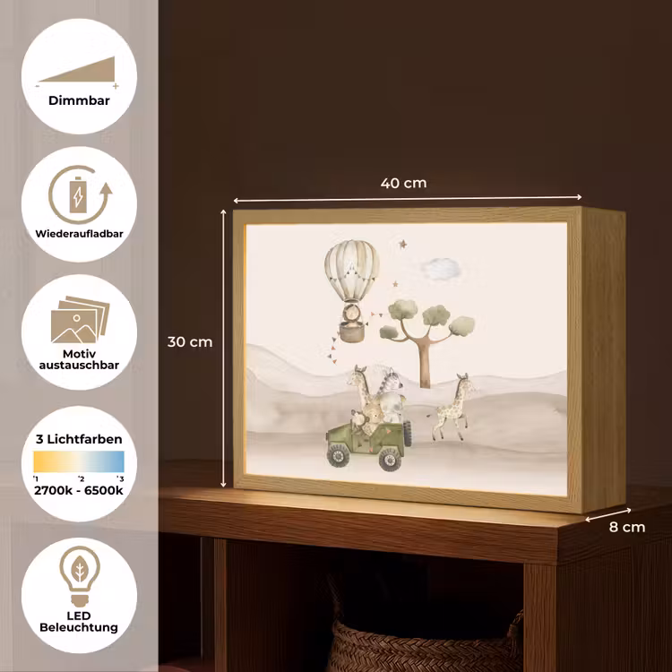 Wilde dieren - Safari - Watercolor - Luchtballon Light Box met batterij (Wandlamp kind) middel -USP_websiteoverzichtDE