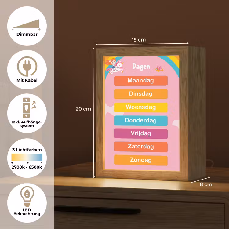 Dagen van de week - Educatief - Leren voor kinderen - Roze Light Box met kabel (Wandlamp kind) klein -USP_overzichtDE