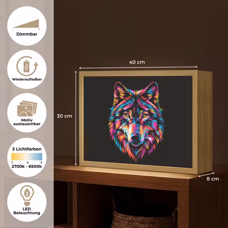 Wolf - Kleurrijk - Zwart - Dieren - Neon Light Box met batterij (Wandlamp kind) middel -USP_websiteoverzichtDE