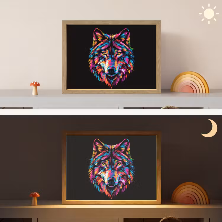 Wolf - Kleurrijk - Zwart - Dieren - Neon Light Box met batterij (Wandlamp kind) middel -sfeer3_kind