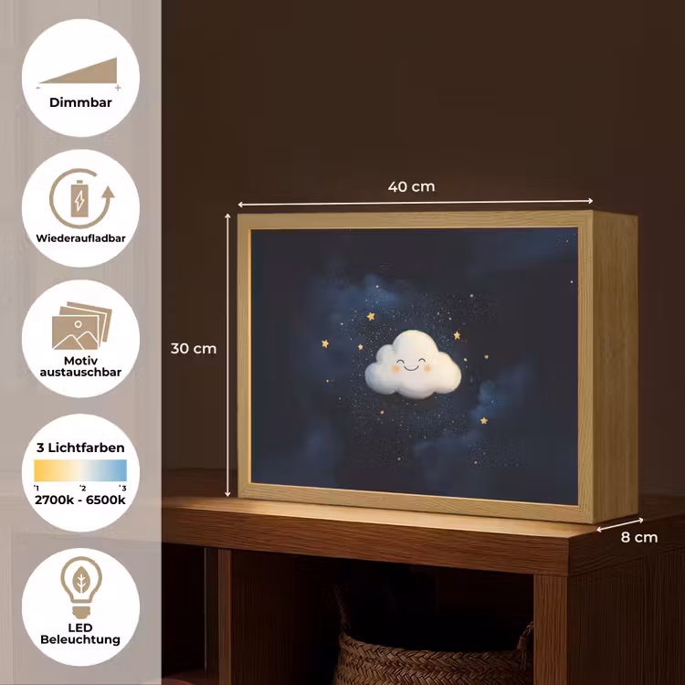 Wolkje - Gezichtje - Sterren - Donkerblauw Light Box met batterij (Wandlamp kind) middel -USP_websiteoverzichtDE