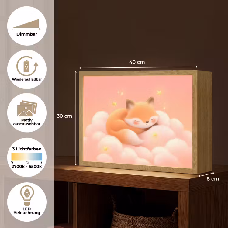 Wolken - Vos - Oranje - Sterren Light Box met batterij (Wandlamp kind) middel -USP_websiteoverzichtDE