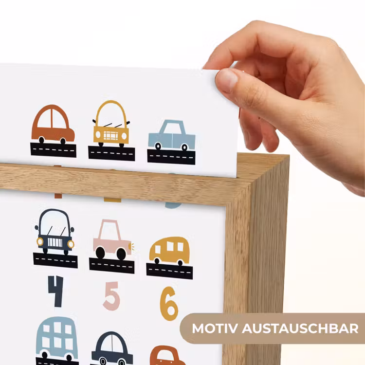 Getallen - Educatief - Leren tellen - Cijfers oefenen voor kinderen - Auto's - Voertuigen Light Box met kabel (Wandlamp kind) klein -USP_websiteprintDE