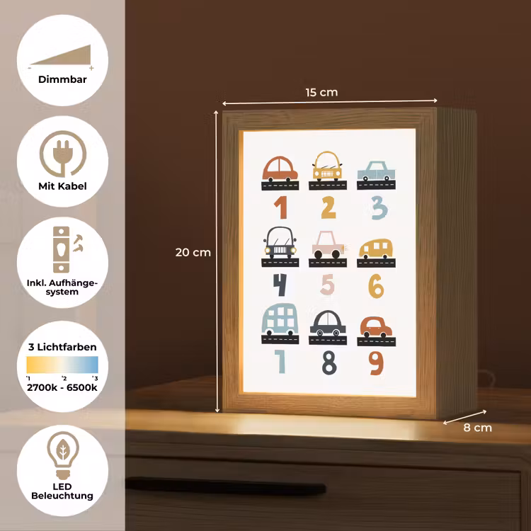Getallen - Educatief - Leren tellen - Cijfers oefenen voor kinderen - Auto's - Voertuigen Light Box met kabel (Wandlamp kind) klein -USP_overzichtDE