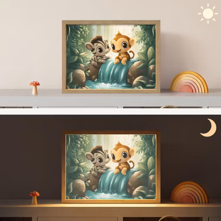 Zebra - Aap - Cartoon - Waterval Light Box met batterij (Wandlamp kind) middel -sfeer3_kind