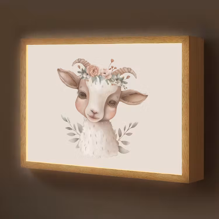 Geit - Dier - Bohemian - Bloemen - Boho Light Box met batterij (Wandlamp kind) middel -z3d_website