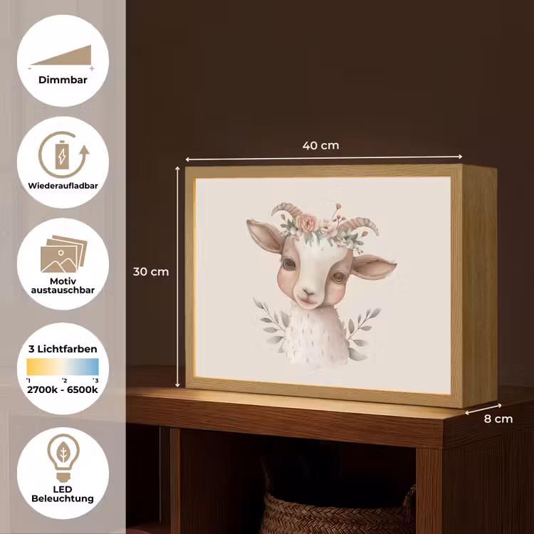 Geit - Dier - Bohemian - Bloemen - Boho Light Box met batterij (Wandlamp kind) middel -USP_websiteoverzichtDE
