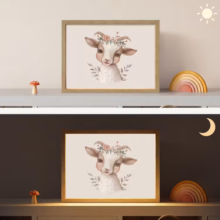 Geit - Dier - Bohemian - Bloemen - Boho Light Box met batterij (Wandlamp kind) middel -sfeer3_kind