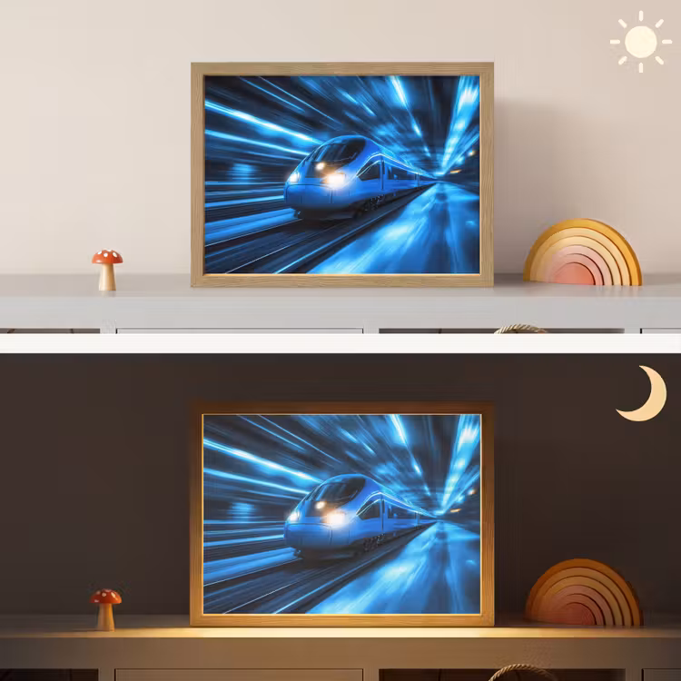 Trein - Blauw - Neon Light Box met batterij (Wandlamp kind) middel -sfeer3_kind
