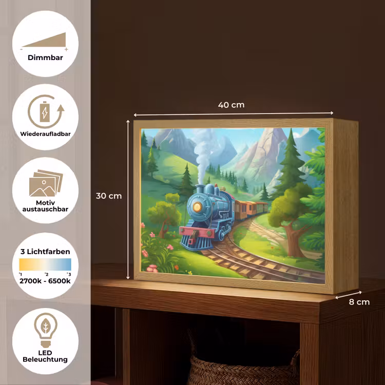 Trein - Bloemen - Kinderen - Natuur Light Box met batterij (Wandlamp kind) middel -USP_websiteoverzichtDE