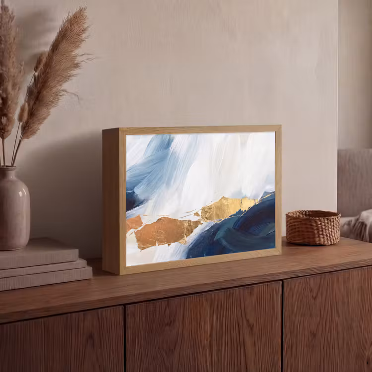 Abstract - Acryl - Blauw - Goud - Elegant Light Box met batterij (Wandlamp) middel -sfeer2