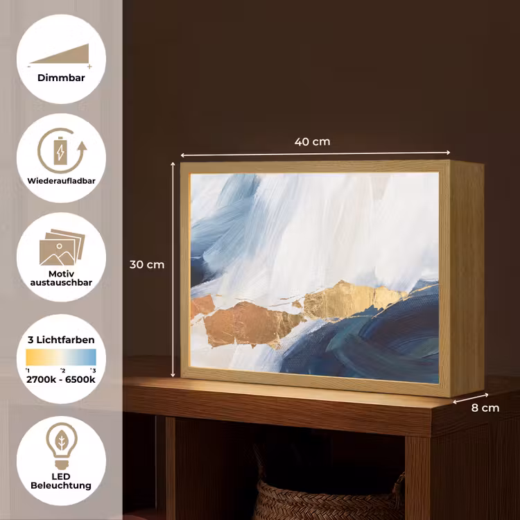 Abstract - Acryl - Blauw - Goud - Elegant Light Box met batterij (Wandlamp) middel -USP_websiteoverzichtDE