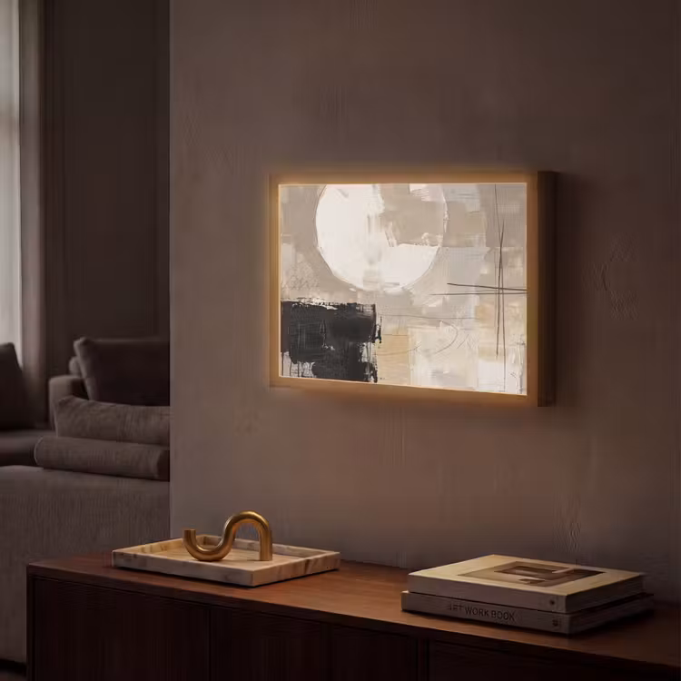 Abstract - Cirkel - Modern - Beige - Zwart - Minimalistisch Light Box met batterij (Wandlamp) middel -sfeer1