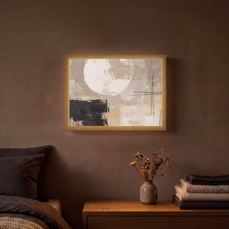 Abstract - Cirkel - Modern - Beige - Zwart - Minimalistisch Light Box met batterij (Wandlamp) middel -sfeer4