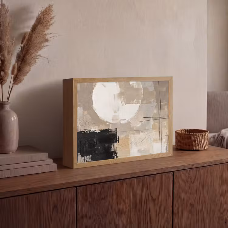 Abstract - Cirkel - Modern - Beige - Zwart - Minimalistisch Light Box met batterij (Wandlamp) middel -sfeer2