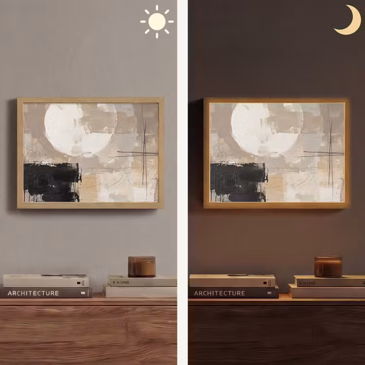 Abstract - Cirkel - Modern - Beige - Zwart - Minimalistisch Light Box met batterij (Wandlamp) middel -sfeer3