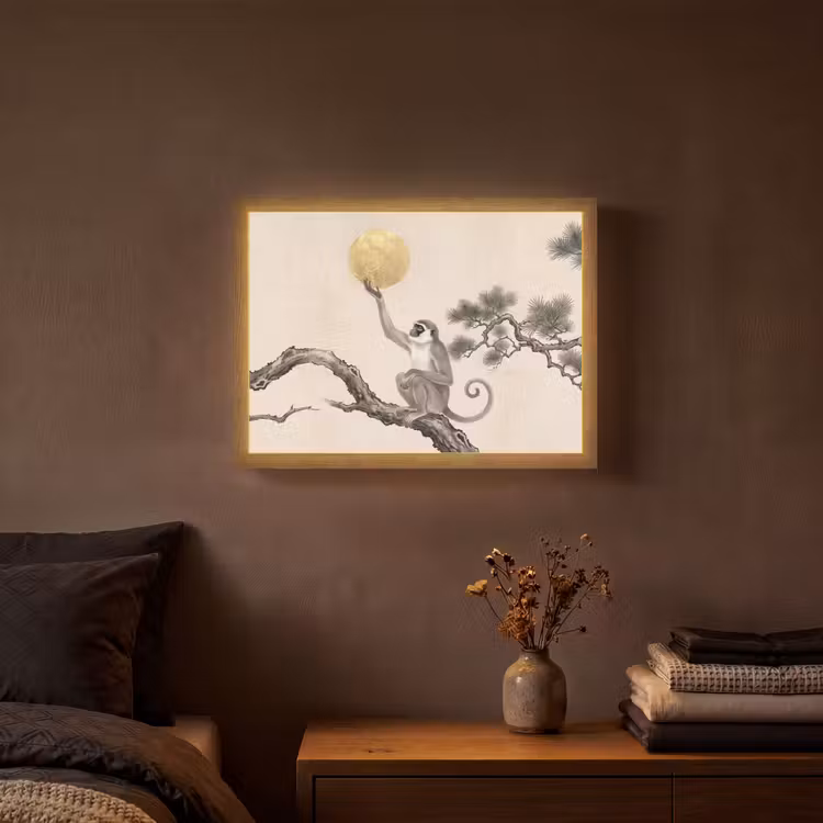 Aap - Maan - Goud Light Box met batterij (Wandlamp) middel -sfeer4
