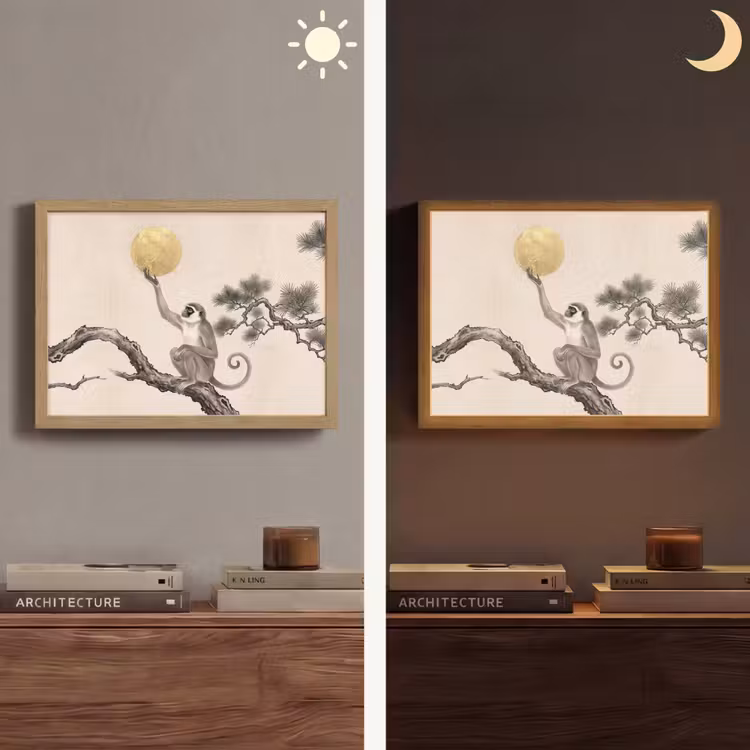 Aap - Maan - Goud Light Box met batterij (Wandlamp) middel -sfeer3