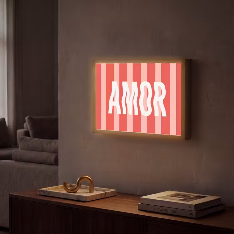 Amor - Strepen - Rood - Roze Light Box met batterij (Wandlamp) middel -sfeer1