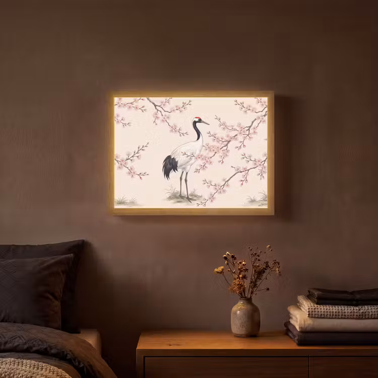 Aziatisch - Kraanvogel - Beige Light Box met batterij (Wandlamp) middel -sfeer4