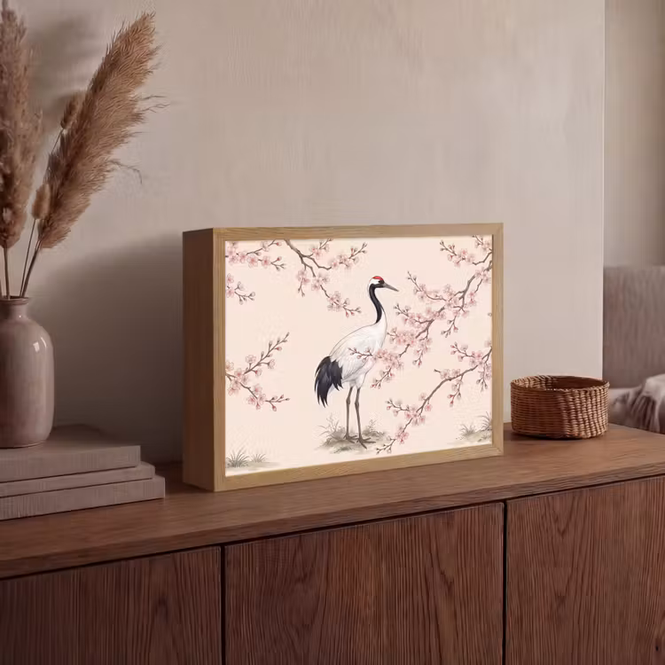 Aziatisch - Kraanvogel - Beige Light Box met batterij (Wandlamp) middel -sfeer2