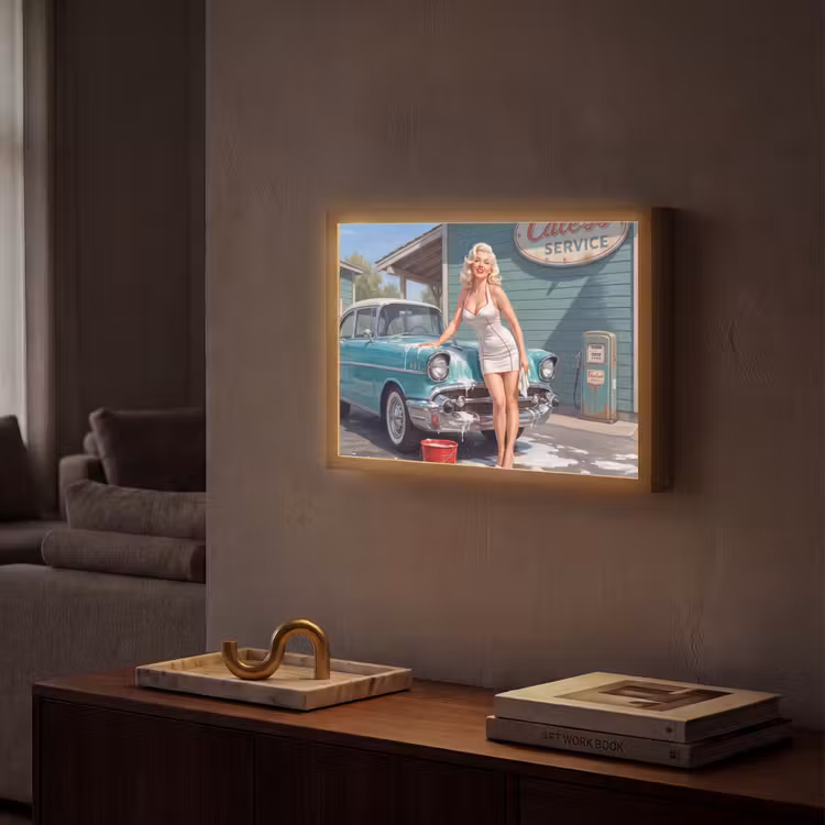 Auto - Vrouw - Groen Light Box met batterij (Wandlamp) middel -sfeer1