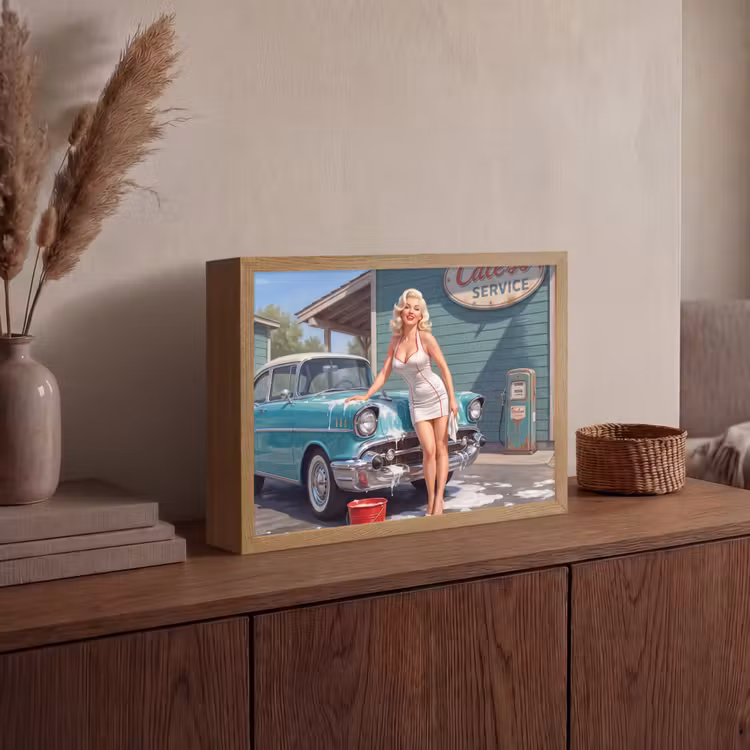 Auto - Vrouw - Groen Light Box met batterij (Wandlamp) middel -sfeer2
