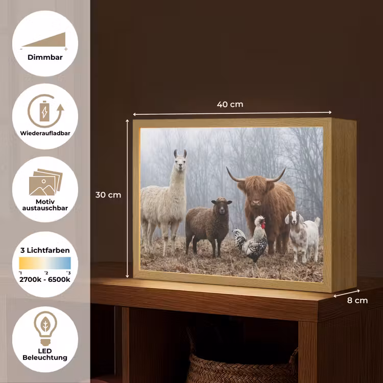 Boerderijdieren - Groep - Mist - Natuur - Rustiek Light Box met batterij (Wandlamp) middel -USP_websiteoverzichtDE