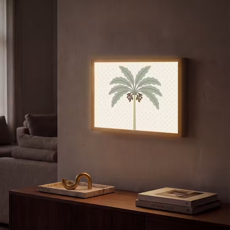 Boom - Bladeren - Groen - Decoratief - Beige Light Box met batterij (Wandlamp) middel -sfeer1