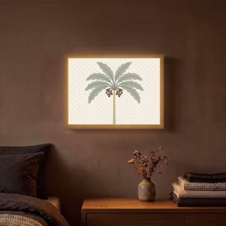 Boom - Bladeren - Groen - Decoratief - Beige Light Box met batterij (Wandlamp) middel -sfeer4