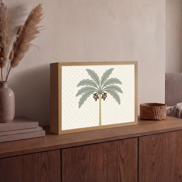 Boom - Bladeren - Groen - Decoratief - Beige Light Box met batterij (Wandlamp) middel -sfeer2