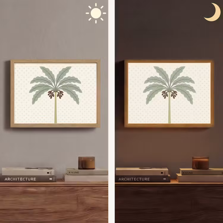 Boom - Bladeren - Groen - Decoratief - Beige Light Box met batterij (Wandlamp) middel -sfeer3