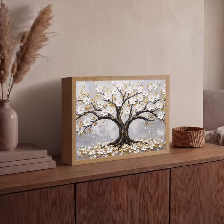 Boom - Bloemen - Natuur - Abstract - Wit Light Box met batterij (Wandlamp) middel -sfeer2