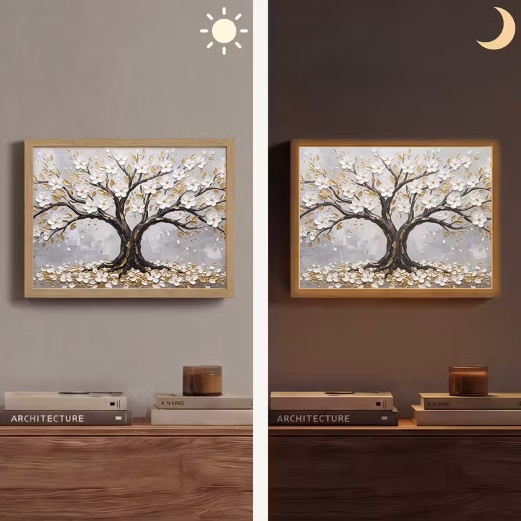 Boom - Bloemen - Natuur - Abstract - Wit Light Box met batterij (Wandlamp) middel -sfeer3