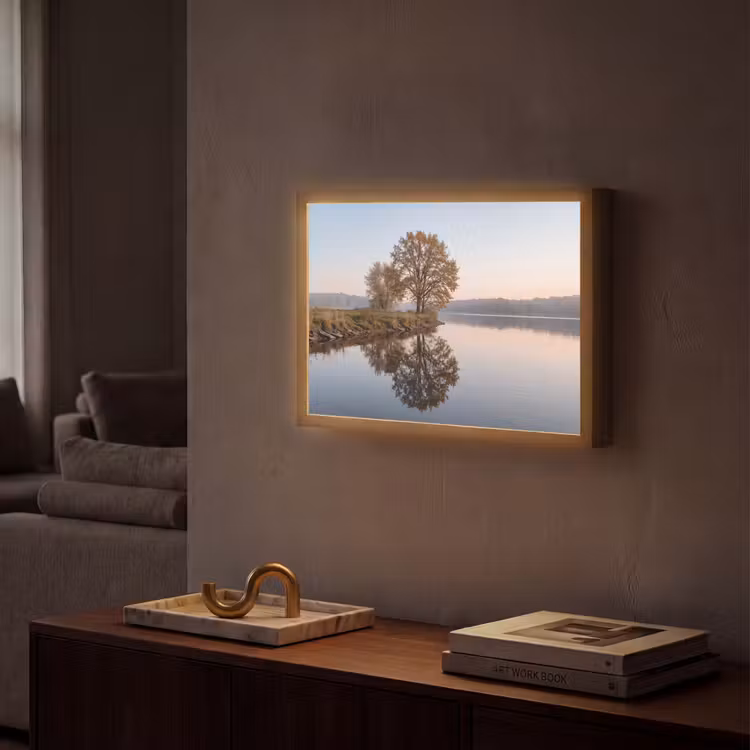 Bomen - Reflectie - Water - Zonsopgang - Serene Light Box met batterij (Wandlamp) middel -sfeer1