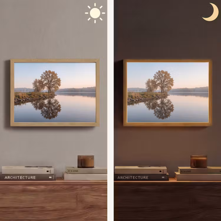 Bomen - Reflectie - Water - Zonsopgang - Serene Light Box met batterij (Wandlamp) middel -sfeer3