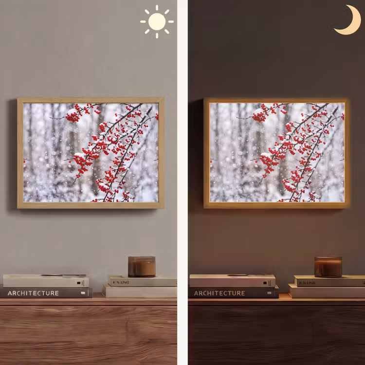 Bessen - Takken - Sneeuw - Winter - Kleurrijk Light Box met batterij (Wandlamp) middel -sfeer3