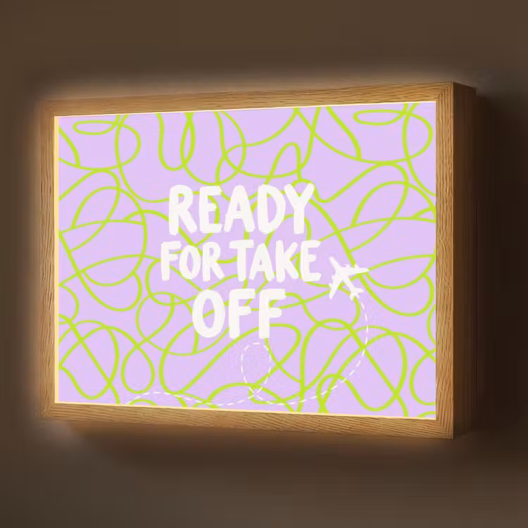 Ready for take off - Vliegtuig - Groen - Paars - Golvende lijnen Light Box met batterij (Wandlamp) middel -z3d_website