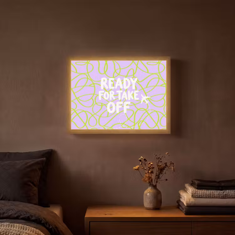 Ready for take off - Vliegtuig - Groen - Paars - Golvende lijnen Light Box met batterij (Wandlamp) middel -sfeer4
