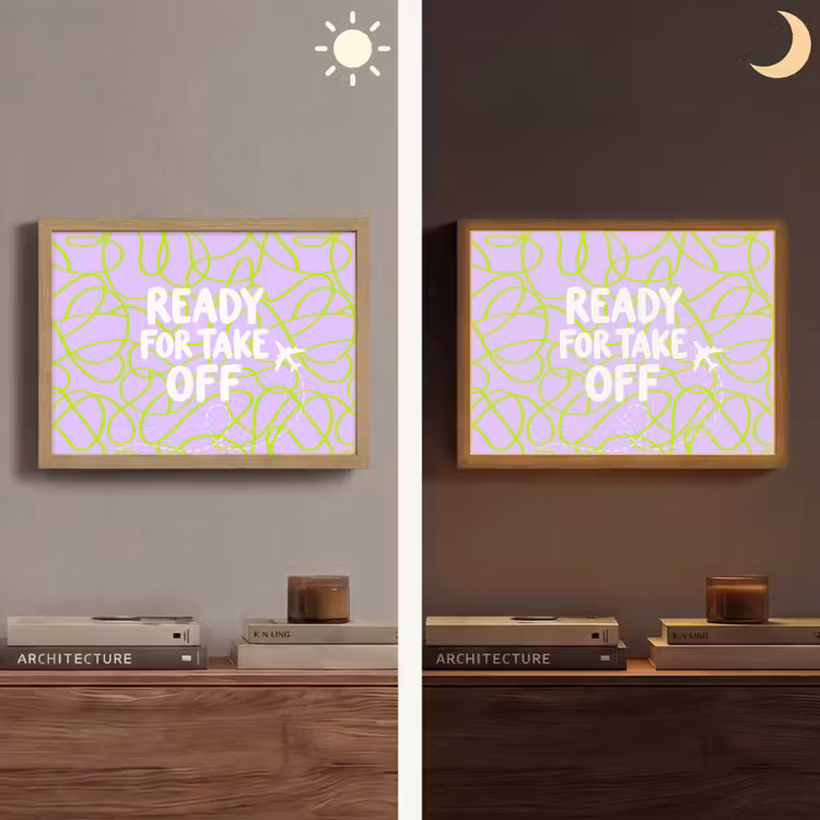 Ready for take off - Vliegtuig - Groen - Paars - Golvende lijnen Light Box met batterij (Wandlamp) middel -sfeer3