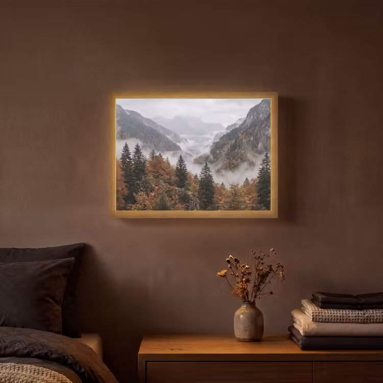 Bergen - Vallei - Mist - Herfst - Natuur Light Box met batterij (Wandlamp) middel -sfeer4