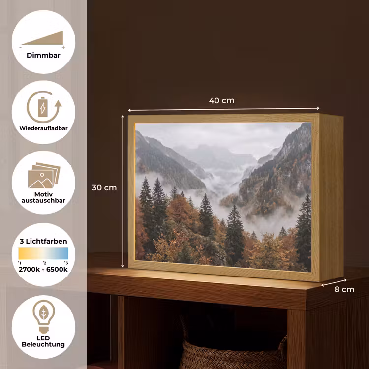 Bergen - Vallei - Mist - Herfst - Natuur Light Box met batterij (Wandlamp) middel -USP_websiteoverzichtDE
