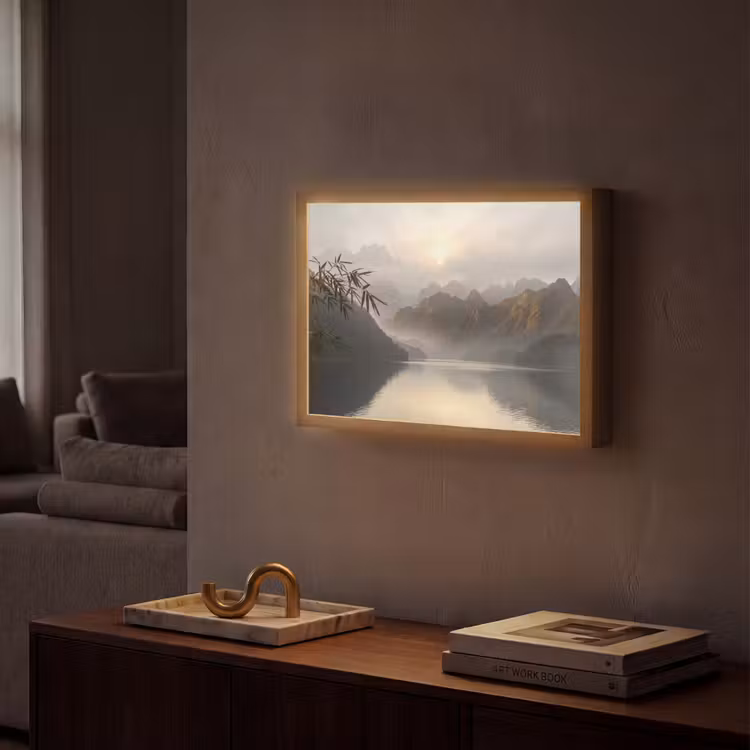 Bergen - Water - Mist - Natuur - Landschap Light Box met batterij (Wandlamp) middel -sfeer1