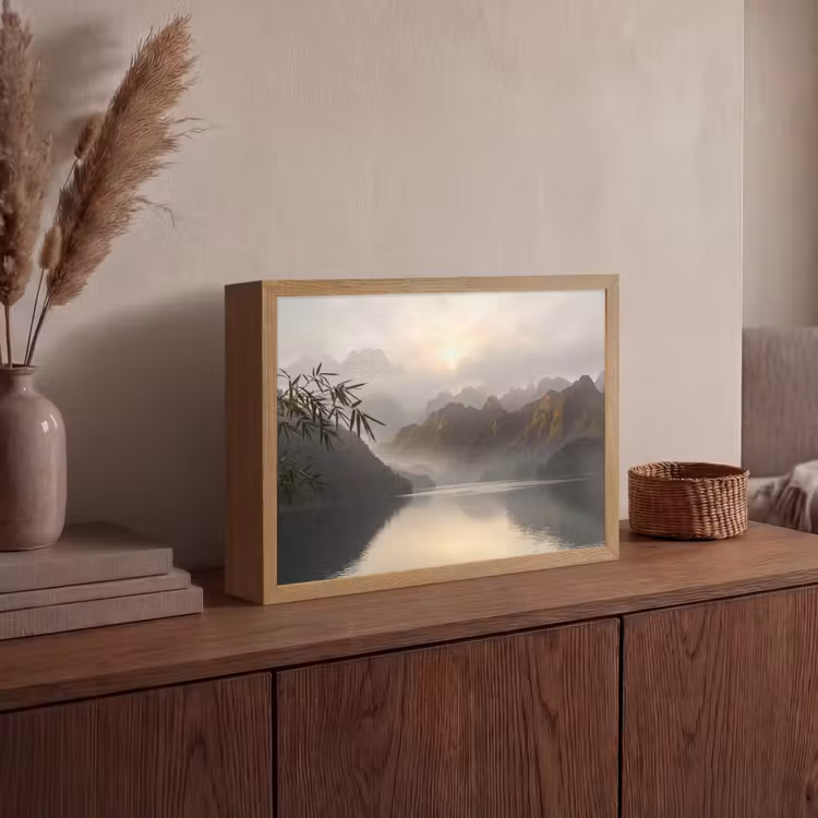 Bergen - Water - Mist - Natuur - Landschap Light Box met batterij (Wandlamp) middel -sfeer2